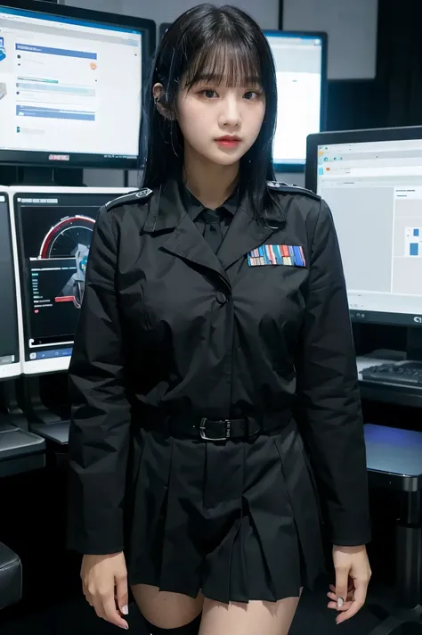 (highest resolution, distinct_image), best quality, masterpiece, highly detailed, semi realistic, a woman with short black hair, mature woman, triple bangs, black uniform, black pleated skirt, military uniform, spaceship space, control room, commander