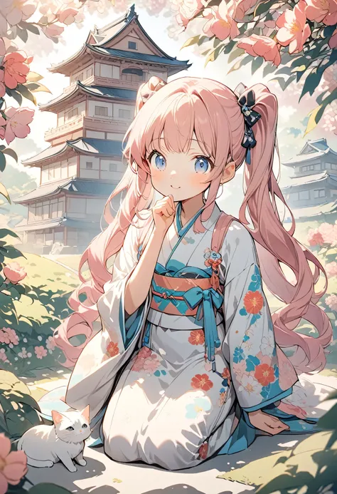 anime style, super detailed illustrations, very detailed, beautiful, 8K, 1girl in,(Solo:1.5), happy, Twin-tailed, , Full body, hand to own mouth, Looking at Viewer, Pink hair, Blue eyes, Ultra-precise expression, Detailed face, Dressed in a kimono,Surround...