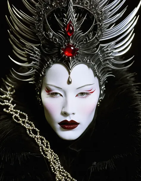 close-up of face，（macro），demon's crown, serge lutens style，in style of cecil beaton