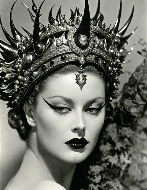 close-up of face，（macro），demon's crown, in style of cecil beaton