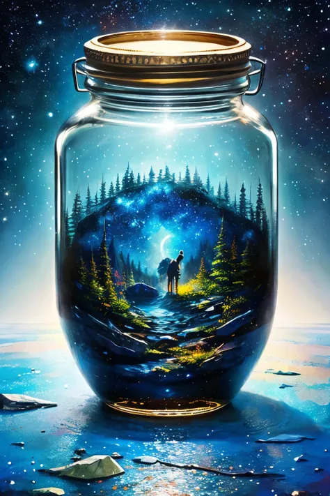 ​masterpiece、top-quality、（Very delicate and beautiful starry sky landscape trapped in a jar）、world masterpiece theater、high-resolutionisometric、top-quality、illustratio、Impasto、canvas、an oil painting、realism、realisitic