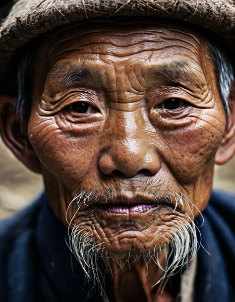 close-up of face，close-up of the face of an old chinese farmer，rough hands