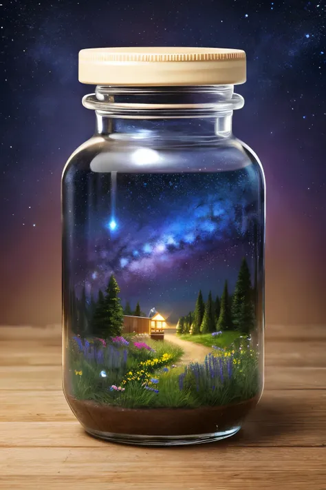 ​masterpiece、top-quality、（Very delicate and beautiful starry sky landscape trapped in a jar）、world masterpiece theater、high-resolutionisometric、top-quality、illustratio、Impasto、canvas、an oil painting、realism、realisitic