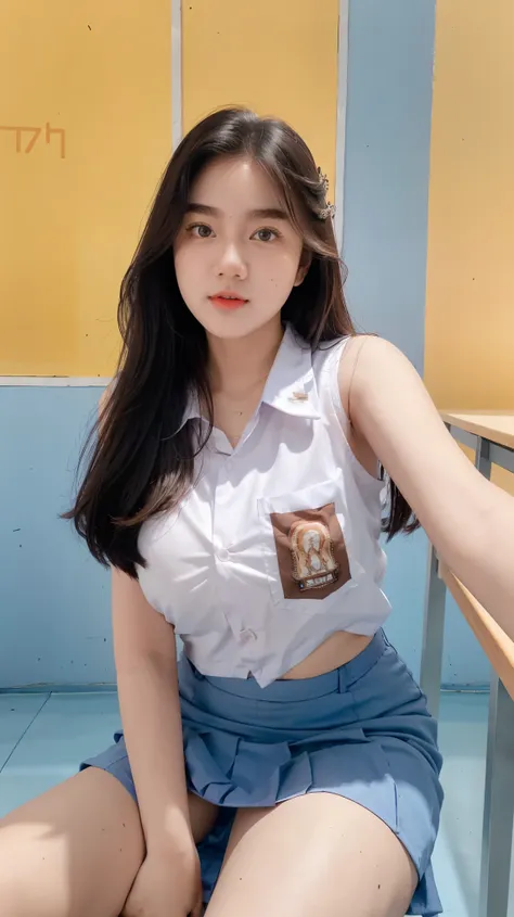 beautiful 18 years old , gigantic colossal breast , cleavage , sleeveless , ((wearing high school uniform)) , high school skirt ...