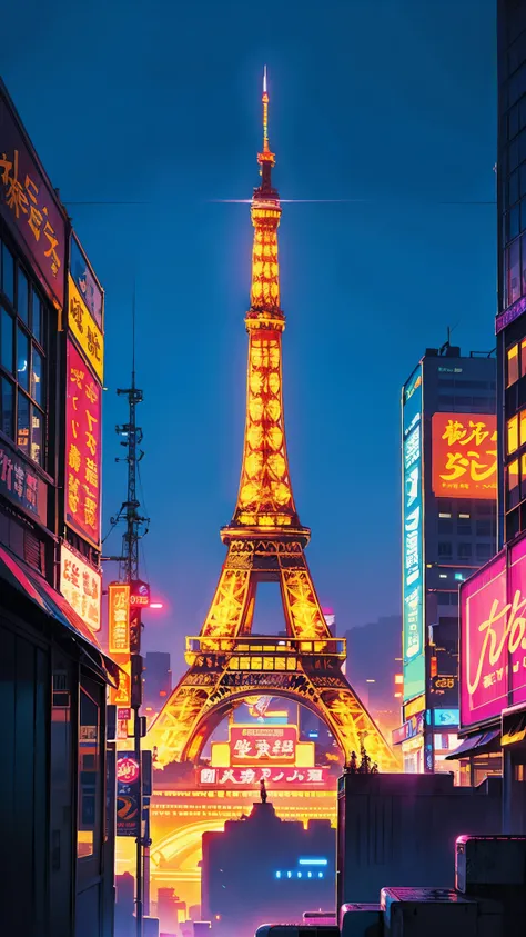 A mesmerizing, ultra-detailed close-up of a futuristic city, lit by the glow of neon signs and holographic advertisements, reveals the towering presence of the renowned Eiffel Tower, centrally placed among the metropolis, reminiscent of Liam Wongs signatur...