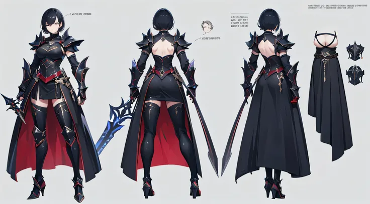 sexy,short hair,black armor,big sword,character sheet with all angle,8k,hot,character design sheet, character concept