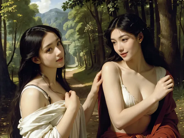 Giorgione painting style,Barbizon forest A beautiful woman in Greek dress smiles on the shore,Sweet and seductive appearance.、Caravaggios paintings、Chiaroscuro of Caravaggio、hair tousled by the wind,Two women frolicking,cute smile, expression of ecstasy,Se...