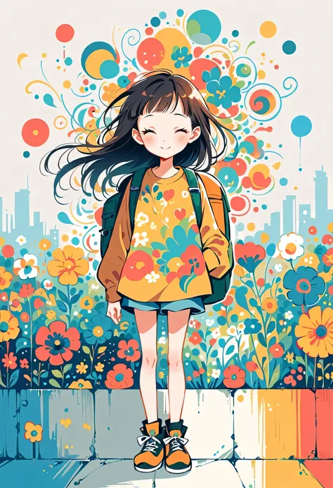 Fujichoco style, Standing in front of a high wall，Girl with backpack on rooftop，My backpack is full of happy spring，Simple Line Initialism，Abstract art，Urban Background, (((The most beautiful girl))),