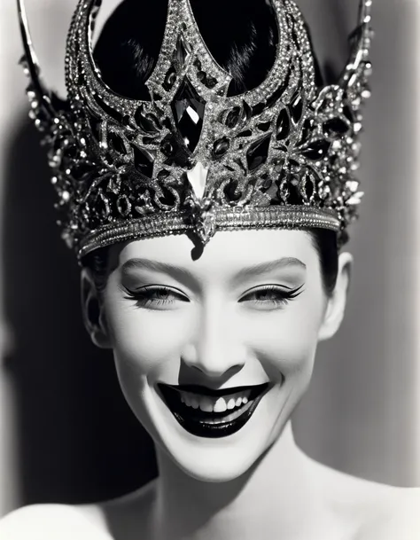 Close-Up of Face，（Super macro），Demons Crown, Laughing expression，serge lutens style，in style of Cecil Beaton