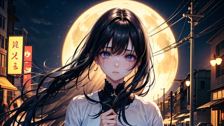 Beautiful girl with black hair: 1.3, Beautiful Hair: 1.2, , night: 1.2,night,Night Town: 1.1, Ultra-high resolution, Accurate, Super detailed, Textured skin, High detail, highest quality, 8k,Thin bangs,Upper Body,Well-drawn eyes, Focus on the face,Oversize...