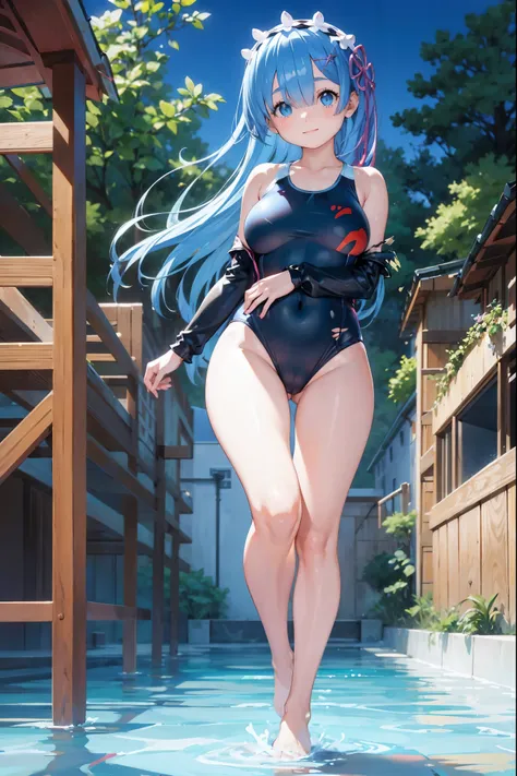 ((((Super huge breasts))))、(((Plump thighs)))、(((Rem from Re:Zero)))、Swimsuit、looking at the camera、High qualityHigh quality、8ｋ、((A shy smile and a wink))、(((((Full body description)))))、Low angle camera、Chest、Palm tree、Splash、Transparent swimsuit in water...