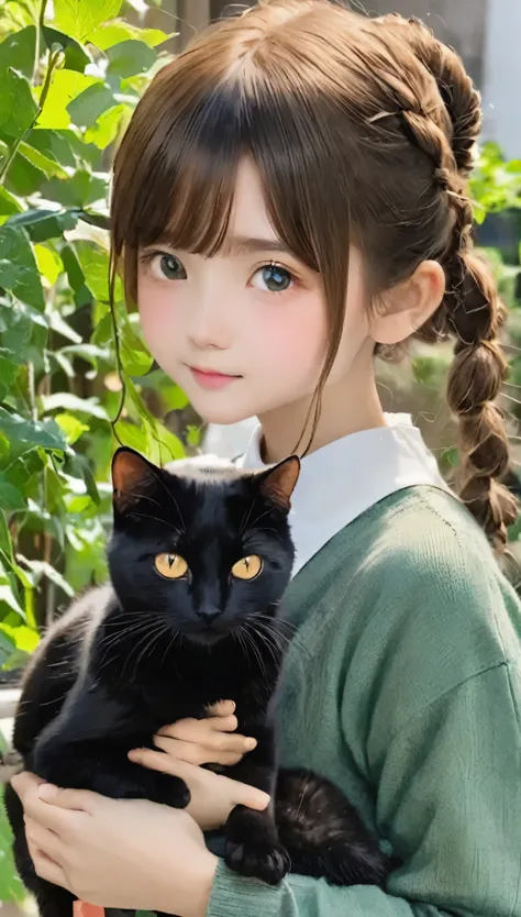 highest quality、Black catを抱く女の子、Cute 14 year old girl、Bun hair with brown hair tied、Black cat、Natural look、Long Shot、Natural light