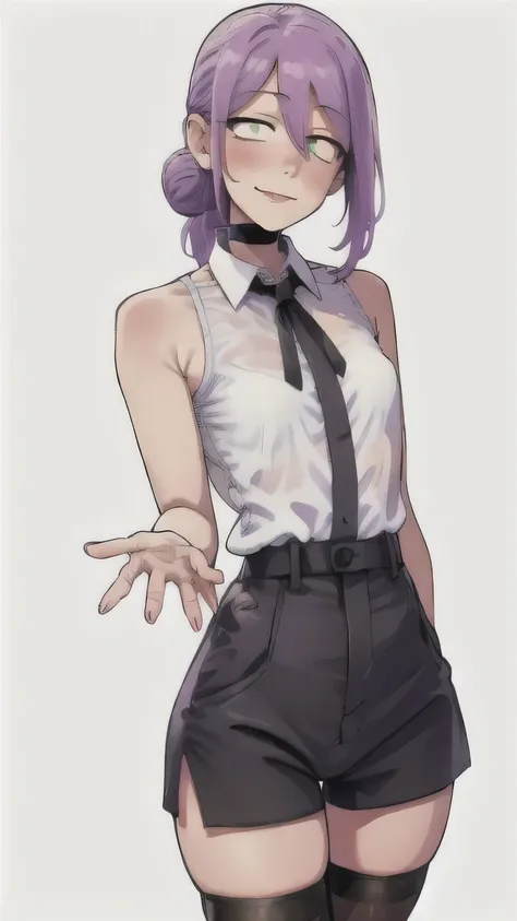 violet, violet hair, hair between eyes, green eyes, shirt, ((white shirt)), tie, black tie, flower, white flower, flowers in hand, 1 girl, very thin, detailed beautiful skin, pink on face,(blush), young girl, silver ring, cause upheaval, black shorts, bla...