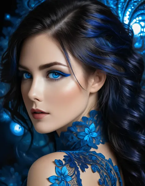 1girl, (by Emily Kell and Luis Royo, 35 years old), official art, 8k wallpaper, full length, ultra detailed, beautiful and aesthetic, (detailed dark blue hair with bright highlights, electric blue eyes with a bit of dark blue in the center, very detailed e...