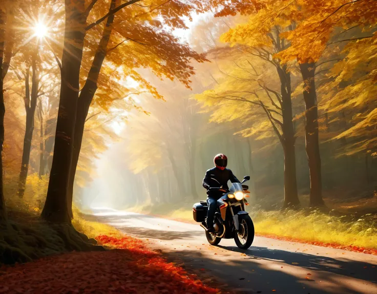 a serene and picturesque autumn forest scene featuring a person riding a motorcycle. The forest is bathed in warm, golden sunlight filtering through the dense canopy of vibrant red, orange, and yellow leaves. The trees cast long, dramatic shadows on the gr...