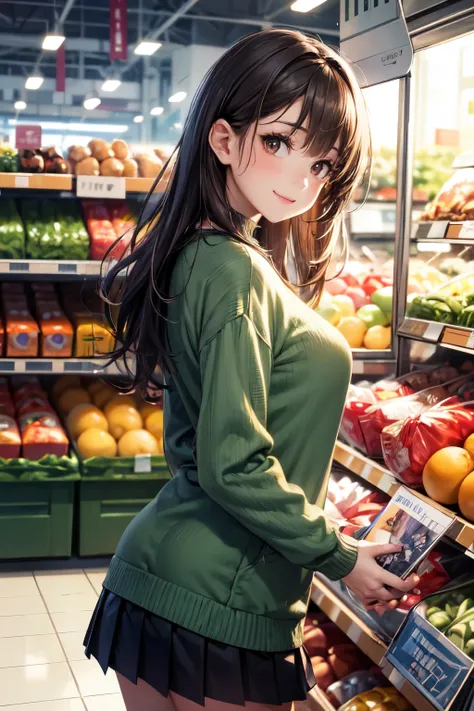 very cute and beautiful girl,(highly detailed beautiful face),
(smile),happy,looking at viewer,(green sweater),cowboy shot,pleated black mini skirt,
shopping in supermarket,black hair,
(best quality,masterpiece),absurdres,highres,ultra-detailed,extremely d...