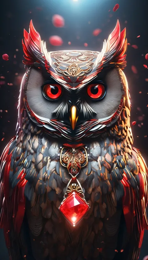 Illustration of an owl with red eyes, Unreal Engine Rendering + goddess, Very detailed , B Global Illumination, Exquisite and gorgeous jewelry, Top Trends on cgisociety, Motion Graphics, rossdraws Global Illumination, CG Association