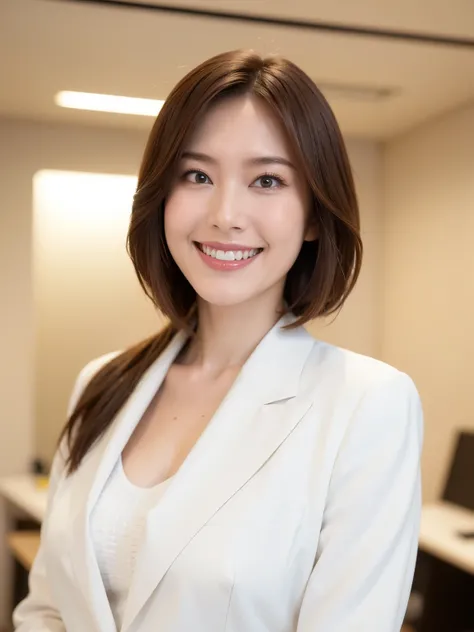 最high quality, In 8K, Masseter region, Vibrant, Sharp focus, high quality, High resolution, Detailed face, fine grain, Thick lips, (Looking at the audience), alone, Beautiful woman, Age 34, Japanese women, (短いBrown Hair:1.4)、(Bob Hair:1.4), Cleavage, Lunch...