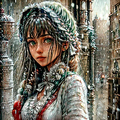 a woman with long, flowing brown hair and bright green eyes gazes into the distance, her hands clasped tightly in her hands. Her hair is tied in a bun, and she wears a white dress with a simple green design. Her hair is tied in a ponytail, and she gazes ou...