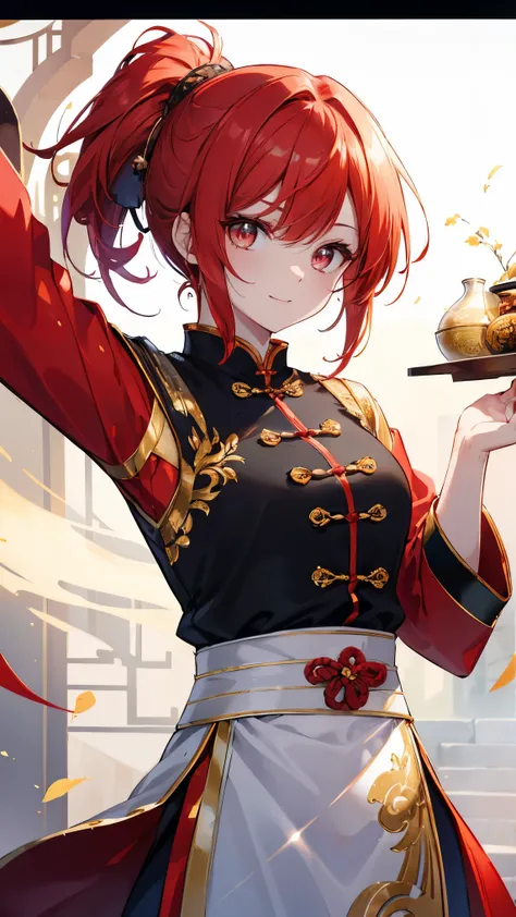 Short Hair、Red Hair、ponytail,Detailed sparkly eyes、Golden Eyes、Dragon Horn,smile,、shine、reflected light、Film Grain、masterpiece、Textured Skin、Super Detail、High Detail、high quality、最high quality、High Resolution、16k、shine,Fighter,Kung Fu,Chinese clothing,,,,