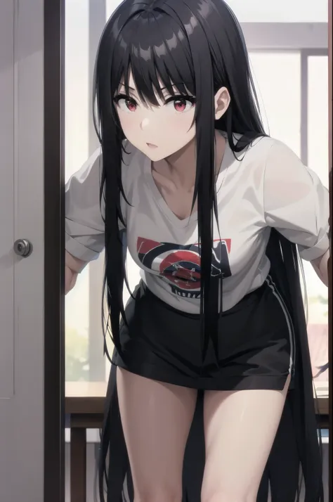 loose t-shirt leaning forward,red eyes,black hair,long hair
