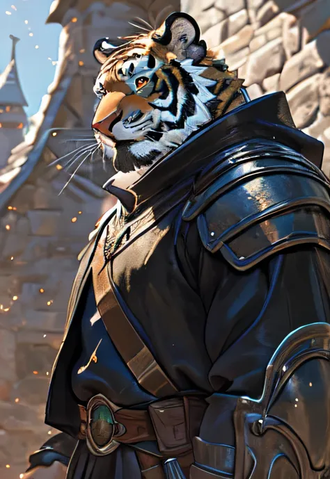 Solo, Kemono, (Tiger, Anthro, Male, (Orange and Black Stripe Body)), Fur, Tail, Muscles, Handsome, Armor, Knight Armor, Medieval, Fantasy, Gate, Kingdom, Outside, Outdoor, Sunny, Day, Gate Keeper, Guard, Eyes Close, Smiling, Epic, Depth of Field, Perfect L...