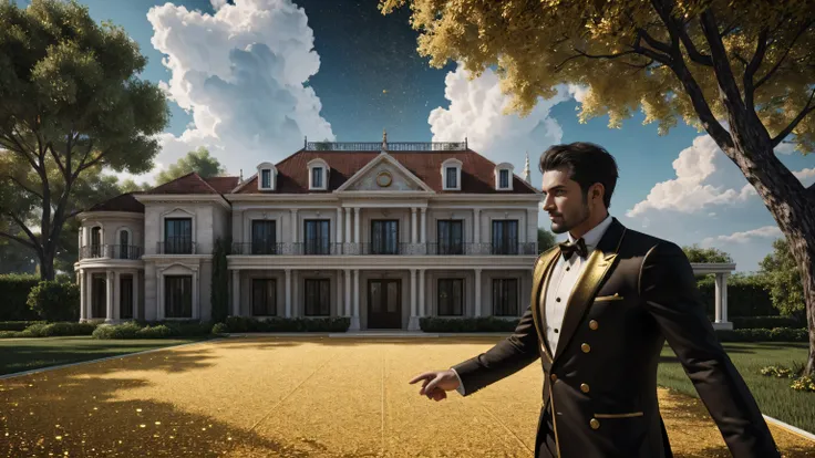 a man in front of a mansion full of gold coins falling from the sky, ultra detailed image, realism, 8k, hyper detailed skin, intense and vivid colors.
