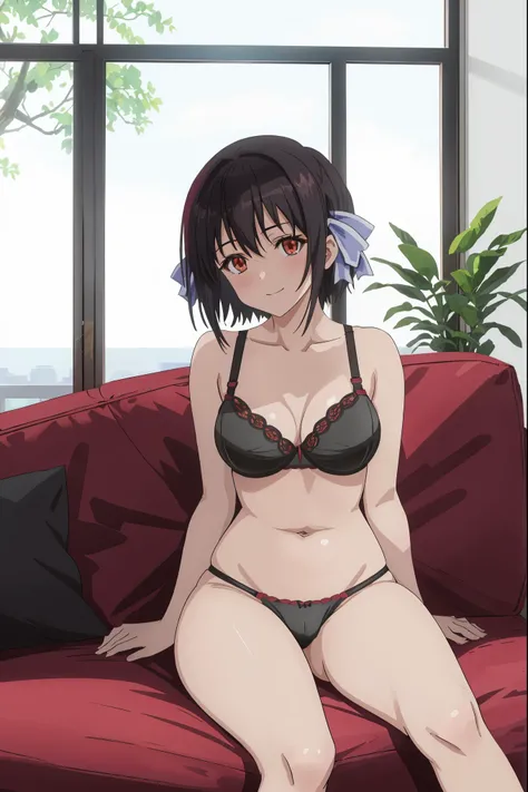 [[anime styled]],[[digitalart]],masterpiece,best quality,Tomomi_Xijing,red eyes,black hair,Short hair,Hair Ribbon,(midium build),NSFW,1girl,((sitting on the couch,reclining)),face focus,short torso,Perfect Lighting,[perfect anatomy],,((nude)),((black panti...