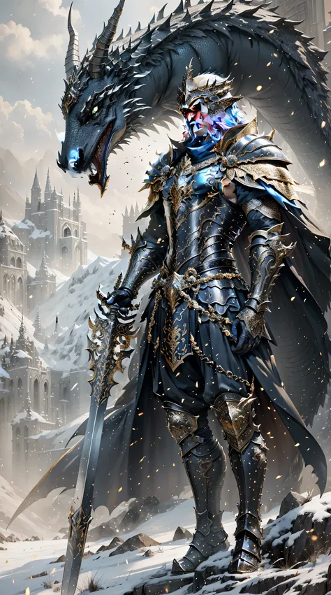 Craft an imposing and majestic wallpaper featuring a noble Dragon warrior,portrayed from the knee up,dressed in detailed dragon bone and scale armor. The armor,steeped in monochromatic golden and gray tones,is accentuated with gold accents,adding a regal t...