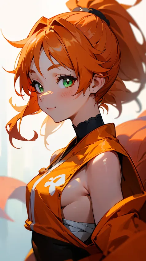 1 girl、8k、Sharp focus、(Bokeh) (highest quality) (Detailed skin:1.3) (Intricate details) (anime)、Orange clothes、Orange Hair、ponytail、Beautiful green eyes、Wicked Smile、Loincloth、Shrimp mascot、From the side、Upper body close-up