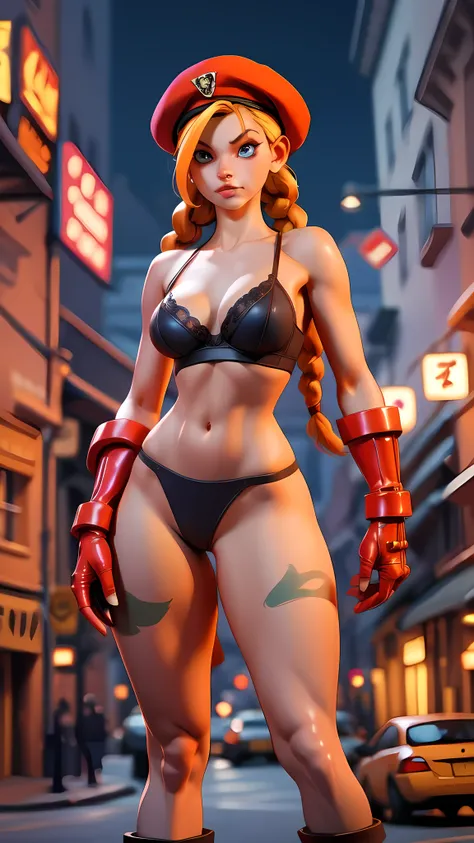 masterpiece, best quality, highres, 1girl, cammy white, twin braids, long hair, blonde hair, antenna hair, beret, (red headwear:1.3), blue eyes, scar on cheek, (((orange lingerie))), large boob 36 DD, sleeveless, red gloves, fingerless gloves, camouflage, ...