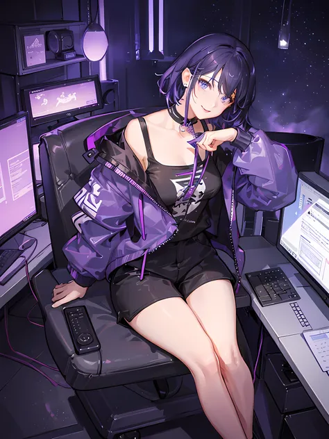 Half body on frame on room sit chair gaming colour purple and black front of her table with monitor and keyboard with glowing RGB also High-End Computer desktop, girls have short hair colour Purple and black using modern stylish short jacket and long black...