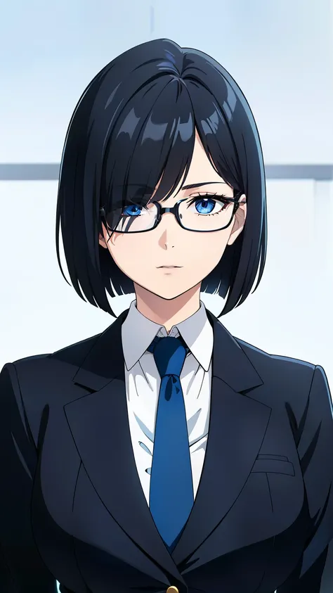 (best quality:1.5, highres, UHD, 4K, detailed eyes, detailed lighting, shaders), black hair, bob cut, hair covering one eye, cool woman, cool girl, sharp eyes, blue eyes, beautiful, large breasts, formal suit, necktie, jacket, with glasses