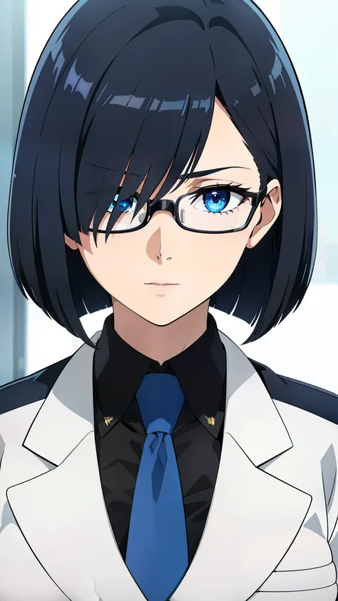 (best quality:1.5, highres, UHD, 4K, detailed eyes, detailed lighting, shaders), black hair, bob cut, hair covering one eye, cool woman, cool girl, sharp eyes, blue eyes, beautiful, large breasts, formal suit, necktie, jacket, with glasses, (pov, close sho...