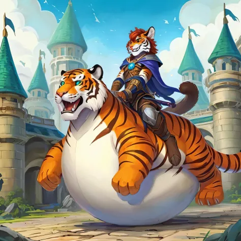 a close up of a cartoon character riding a tiger on a ball, furry fantasy art, he-man rides the battle cat, anthropomorphic tiger, fat dragon with rider, collectible card art, official splash art, giant cat monster, armored cat, detailed digital 2d fantasy...