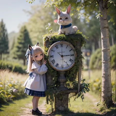 
The rabbit girl is holding a big clock with Alice_Wonderland