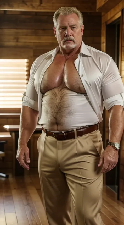 (best quality,4k,8k,highres,masterpiece:1.2), age 60, white man sheriff , horny disgusting, muscular chubby, kind, open shirt, mature daddy, Dress Pants with big bulge, hairy chest hard nipple, belt, loafer,