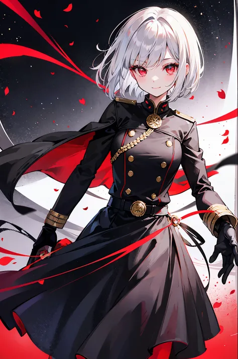 girl,silver hair,bob cut,red eyes,military suit,black jacket,jacket in Gold Design,night,belt,Rapier at waist,smile,red moon,Rose petals dance in the air,night sky,