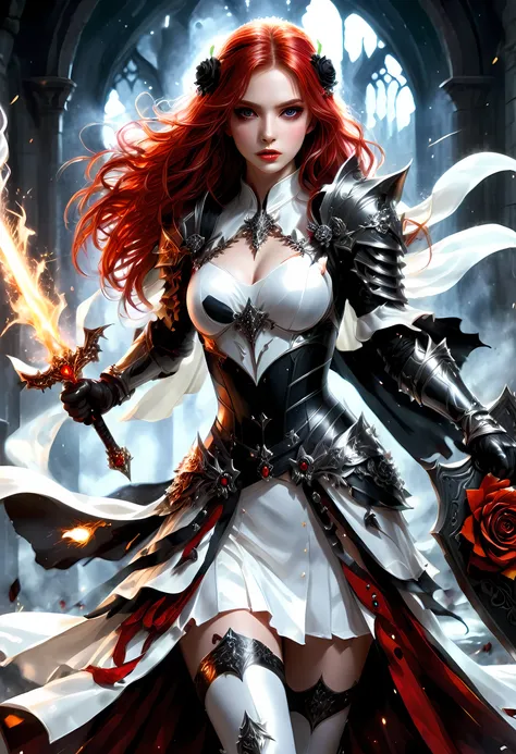 Arafed, action shot, Dark fantasy art, fantasy art, goth art, a picture of a female vampire, exquisite beauty, full body shot, dark glamour shot, pale white skin, red hair, long hair, wavy hair, dynamic eyes color eyes, glowing eyes, she wears a ((white: 1...