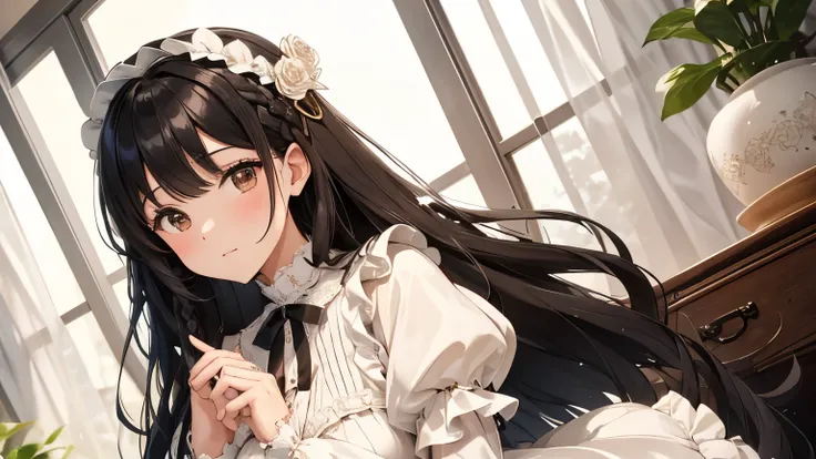 A beautiful woman wearing a brown and white sweet lolita dress with lots of frills and lace　Long sleeve　Black hair braid with hair ornament　Upper Body