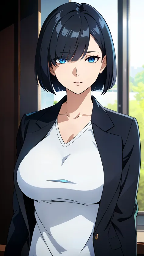 (best quality:1.5, highres, UHD, 4K, detailed eyes, detailed lighting, detailed hair, shaders), black hair, bob cut, hair covering one eye, cool woman, cool girl, sharp eyes, blue eyes, beautiful, large breasts, casual clothes, (professional shot)