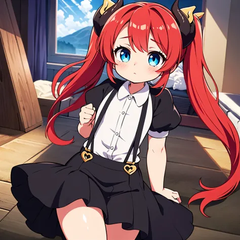 {{best quality}}, {{masterpiece}}, {{ultra-detailed}}, {illustration}, {detailed light}, red hair,blue eyes,twintails,lolita,Suspenders skirt,Fantastic,loli,solo,Dragon horns,little girl,long hair