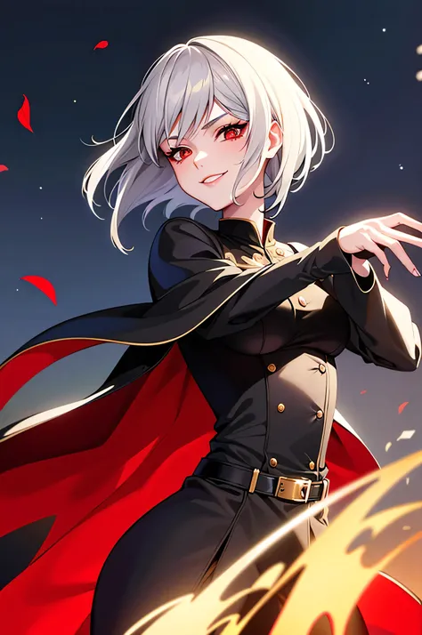 vampire,girl,silver hair,bob cut,red eyes,military suit,black jacket,jacket in Gold Design,night,belt,hand in Rapier,smile,red moon,Rose petals dance in the air,night sky,