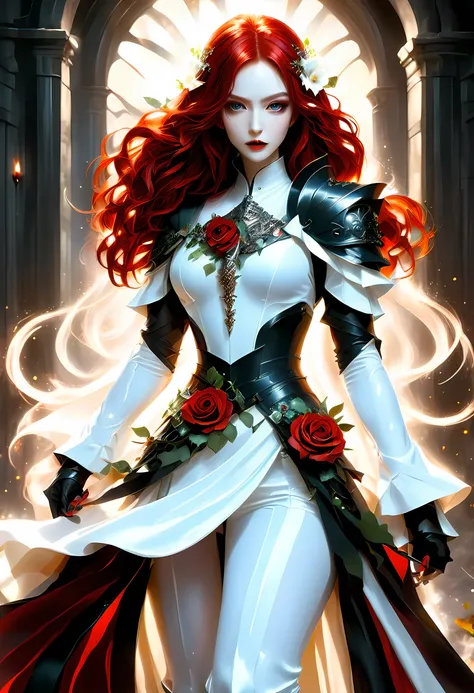 Arafed, action shot, Dark fantasy art, fantasy art, goth art, a picture of a female vampire, exquisite beauty, full body shot, dark glamour shot, pale white skin, red hair, long hair, wavy hair, dynamic eyes color eyes, glowing eyes, she wears a ((white: 1...