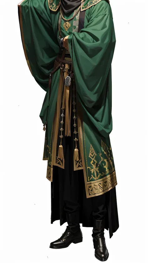 roupas de eremita, estilo d&d, estilo medieval, roupas leves em verde e preto, homem cabelos brancos  longos. roupas de combate,...