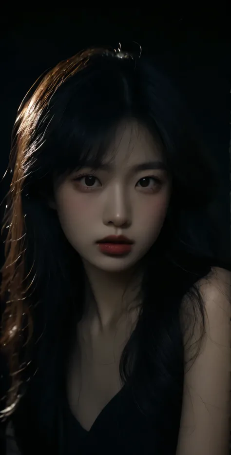Polychrome, 1girl, night, dark, black hair, looking at viewer, upper body, facing viewer, limited palette, black background, glowing,