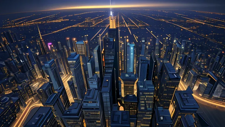 Top of huge building + first person image + dark sky + city all lit up + High quality image + 4K