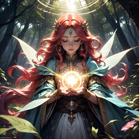 Create a detailed, cinematic image of a fairy with chlorokinesis powers. The character is a red-haired sorceress with long, shiny hair., vestindo um vestido vitoriano esmeralda com detalhes de ouro e prata. She wears rare jewelry accessories, como um diade...