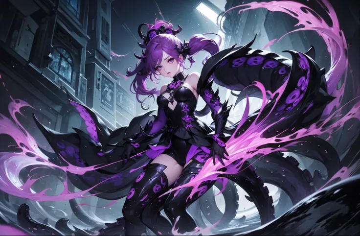 a girl whose lower body is a kraken. scylla she's wearing a gothic dress. her image colors are black and purple. jewelry accesso...