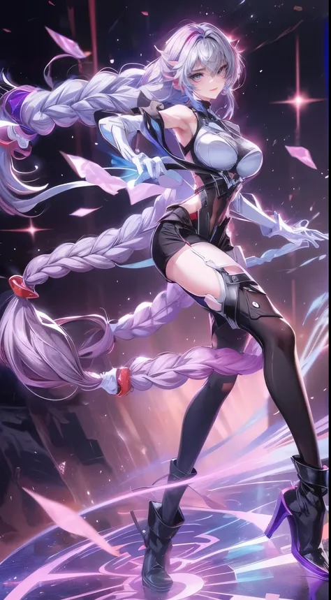 1 female 1 male,yinji, whole body, Confrontation, hand in hand,long hair, looking at the audience, Bangs, Gloves, shorts, Bare shoulders, very long hair, permanent, Purple Hair, Weaving, Colorful hair, sock, elbow Gloves, white Gloves, Black footwear, twin...